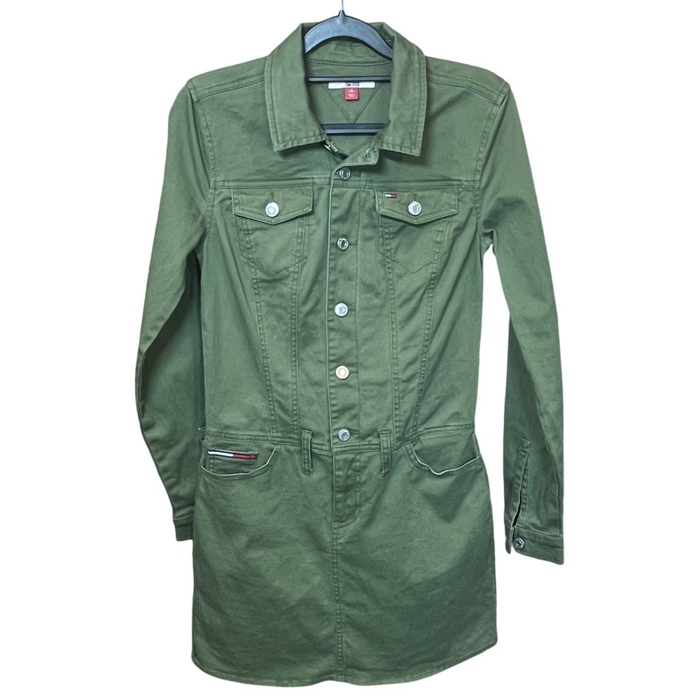 Tommy Hilfiger Green Shirt Dress Utility Button Front Womens Size XS